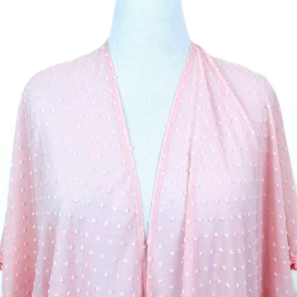 Sheer Chiffon Swiss Dot Kimono Robe One Size Negligee Pom Pom Pink - Picture 8 of 10
